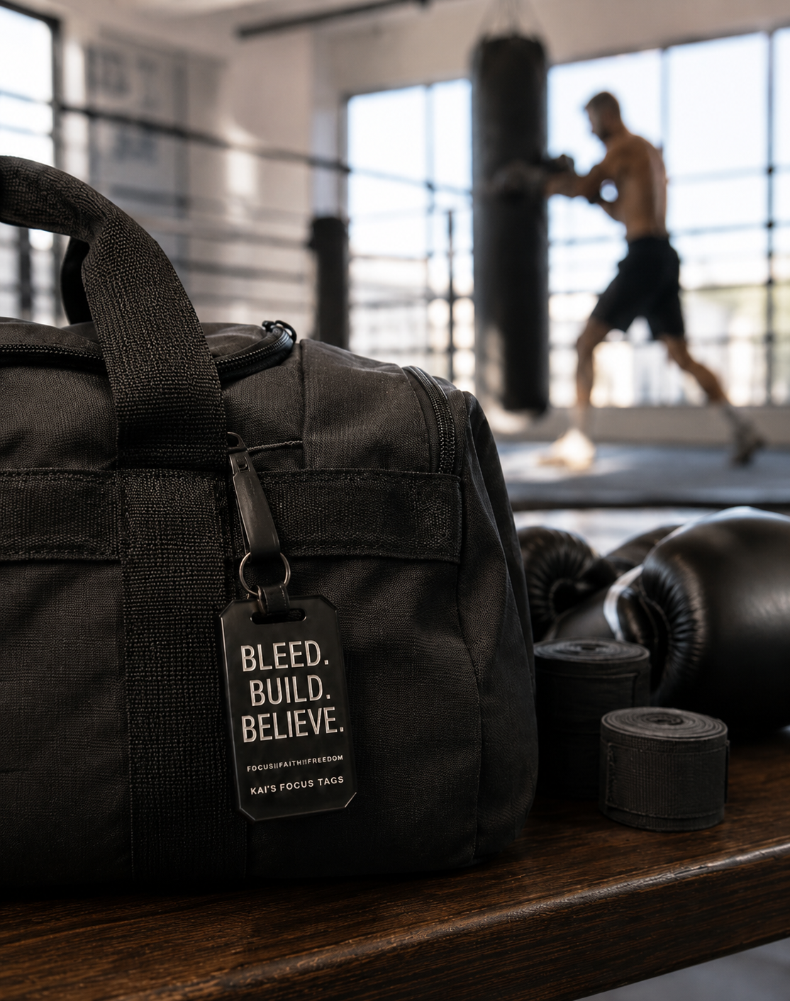 Kai's Focus Tag on a black duffel bag in a boxing gym