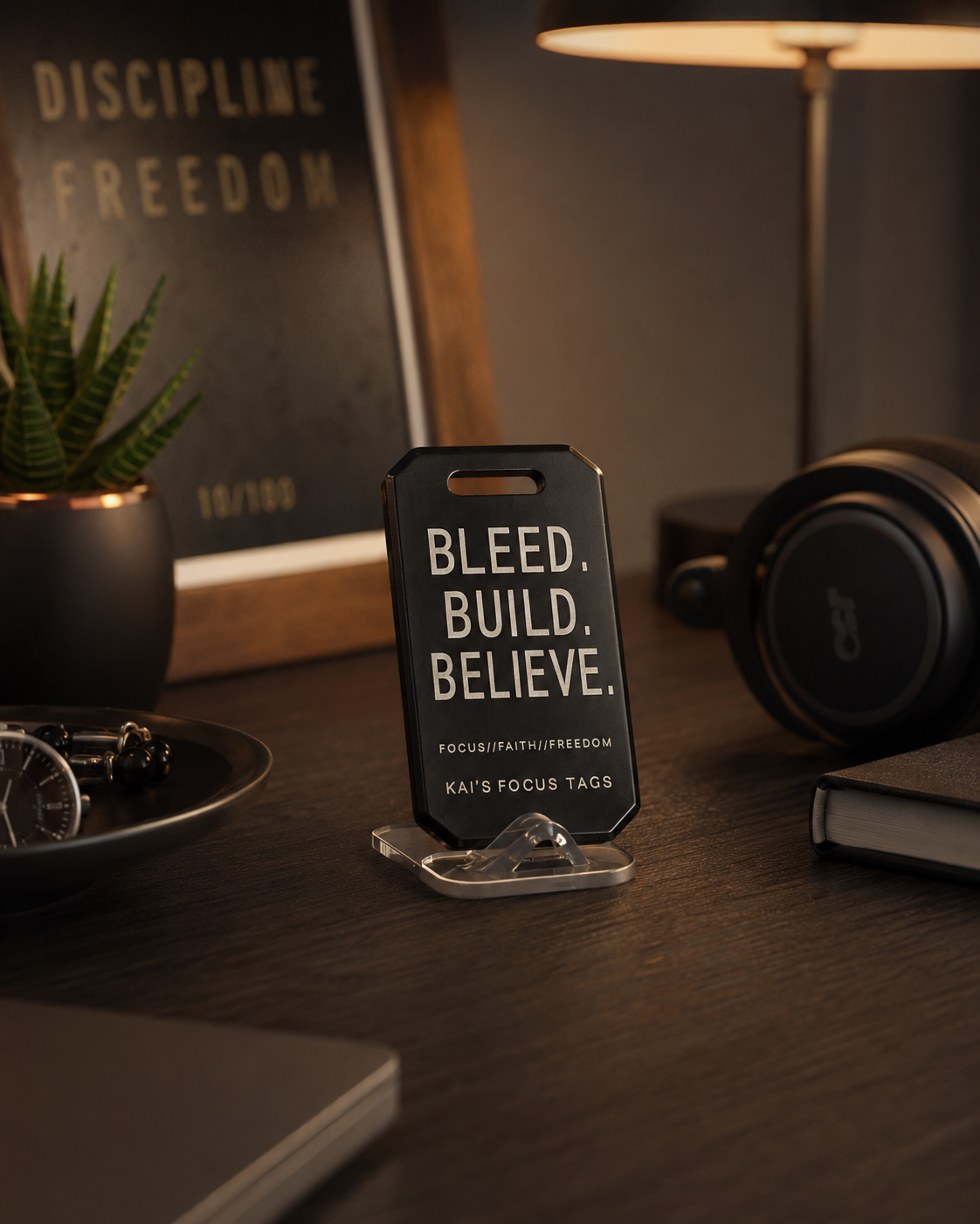 Kai's Focus Tag on display stand in a warm-lit office setting
