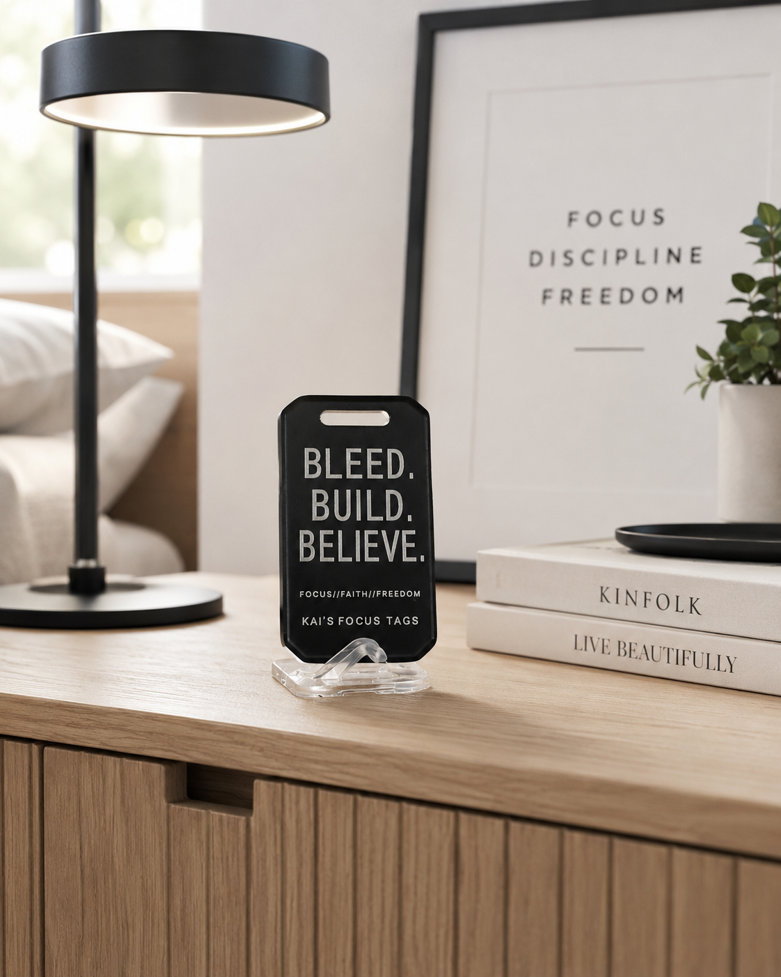 Kai's Focus Tag on a styled shelf next to design books