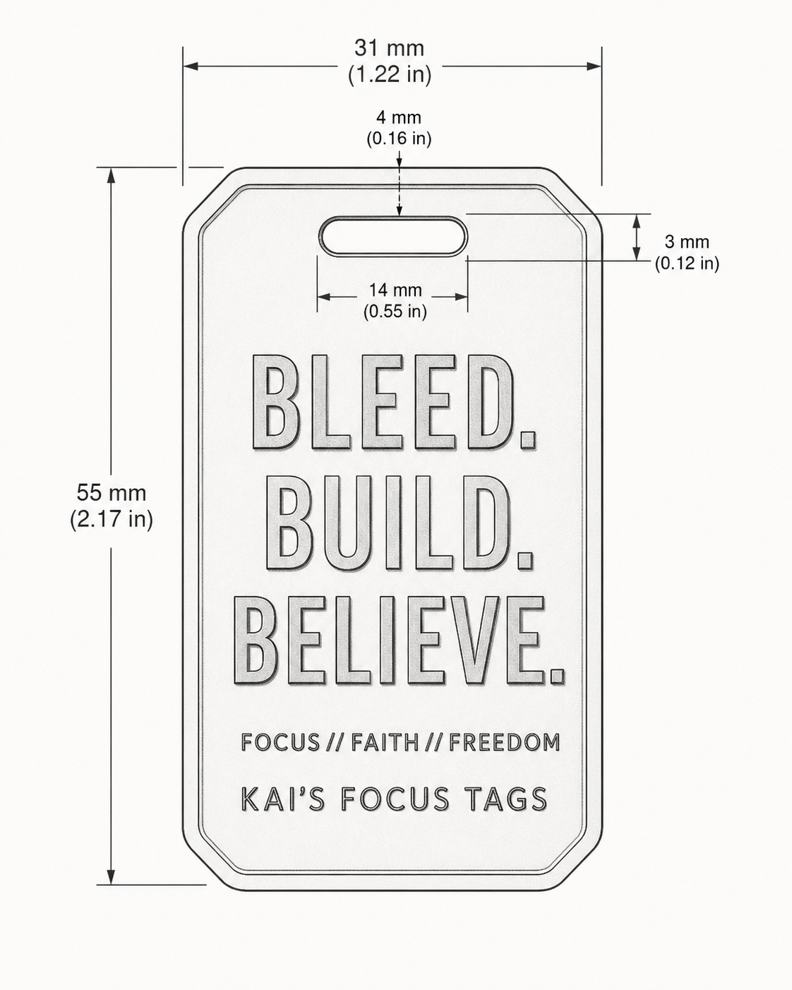 Technical drawing of Kai's Focus Tag with dimensions: 55mm tall, 31mm wide, 3mm thick