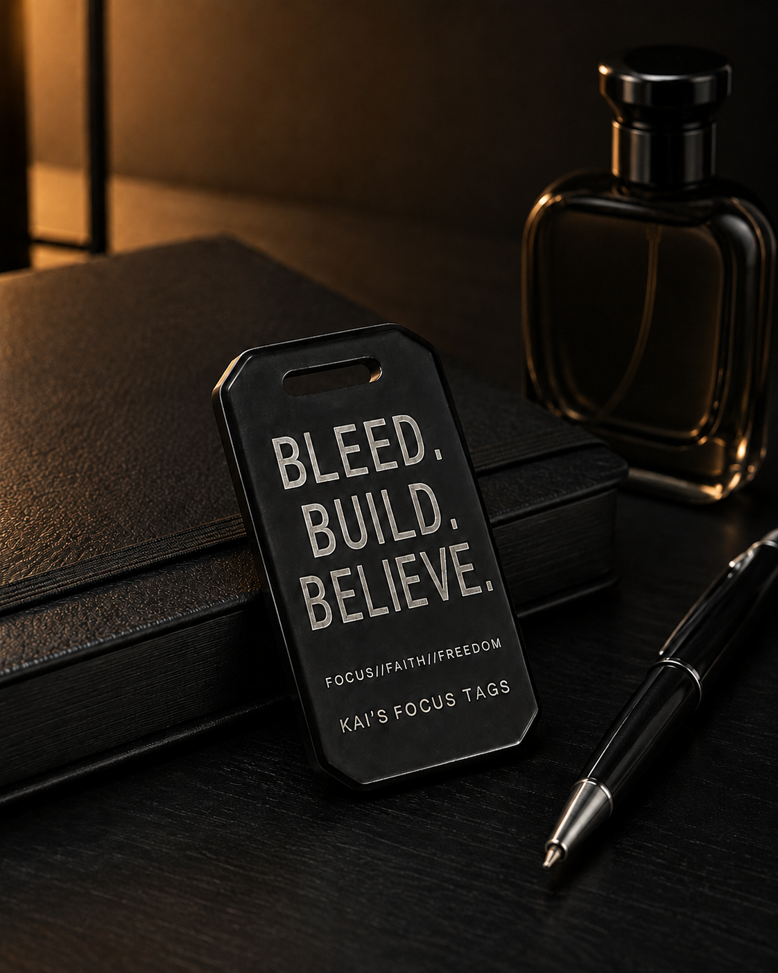 Kai's Focus Tag resting against a leather notebook beside a dark perfume bottle